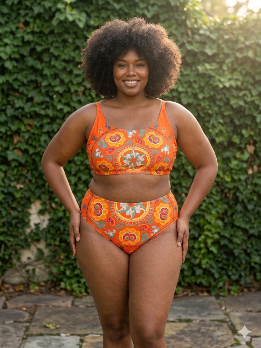 Plus-Size Orange Floral High-Waist Bikini Set